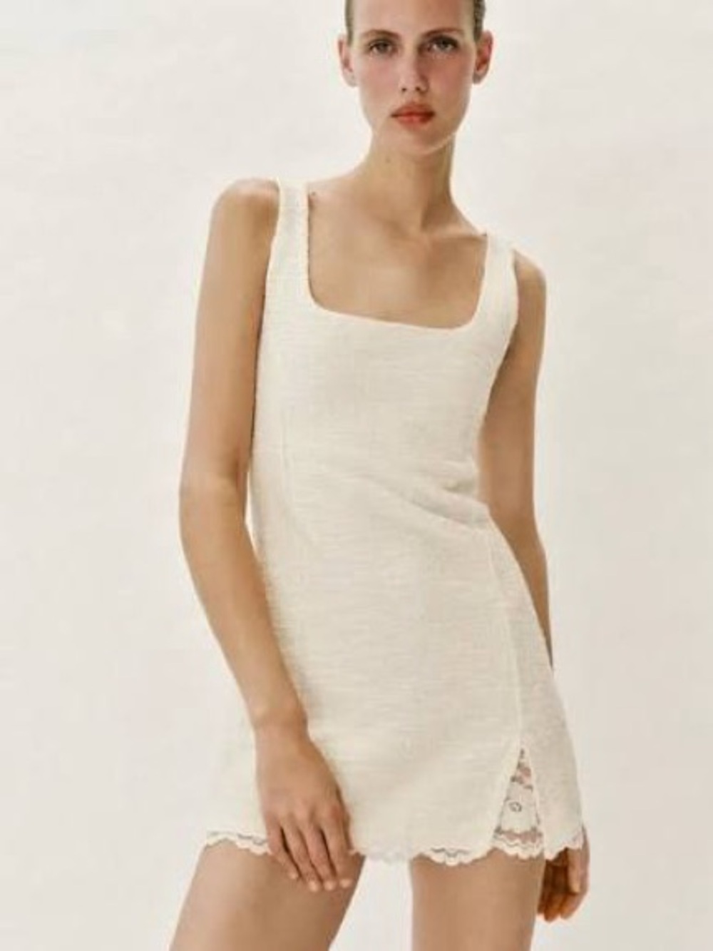 Zara Cream Square-Neck Mini Dress with Lace Hem